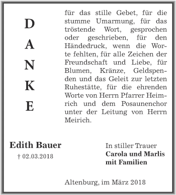 Traueranzeige von Edith Bauer von Super Sonntag Bernburg