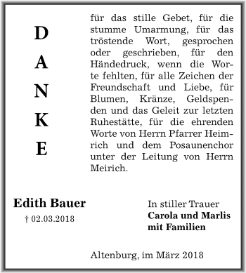 Traueranzeige von Edith Bauer von Mitteldeutsche Zeitung Bernburg