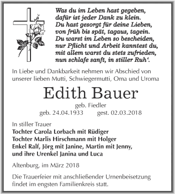 Traueranzeige von Edith Bauer von Super Sonntag Bernburg