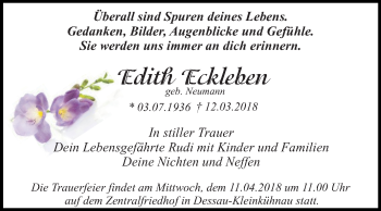 Traueranzeige von Edith Eckleben von Mitteldeutsche Zeitung Halle/Saalkreis