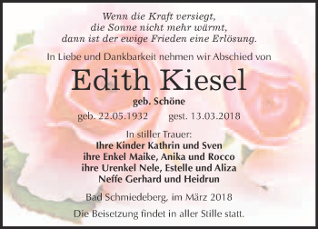 Traueranzeige von Edith Kiesel von WVG - Wochenspiegel Wittenberg