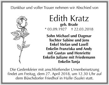 Traueranzeige von Edith Kratz von Mitteldeutsche Zeitung Halle/Saalkreis