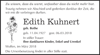 Traueranzeige von Edith Kuhnert von WVG - Wochenspiegel Bitterfeld