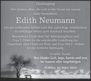 Traueranzeige von Edith Neumann von WVG - Wochenspiegel NMB / WSF / ZTZ