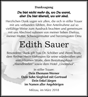 Traueranzeige von Edith Sauer von Mitteldeutsche Zeitung Merseburg/Querfurt
