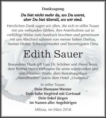 Traueranzeige von Edith Sauer von WVG - Wochenspiegel Merseburg
