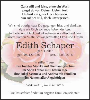Traueranzeige von Edith Schaper von WVG - Wochenspiegel NMB / WSF / ZTZ