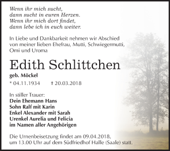 Traueranzeige von Edith Schlittchen von Mitteldeutsche Zeitung Halle/Saalkreis