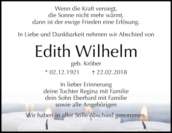 Traueranzeige von Edith Wilhelm von Super Sonntag Zeitz