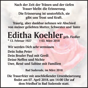 Traueranzeige von Editha Koehler von WVG - Wochenspiegel Quedlinburg