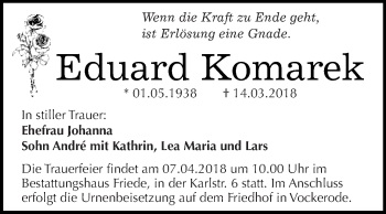 Traueranzeige von Eduard Komarek von WVG - Wochenspiegel Dessau / Köthen