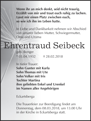 Traueranzeige von Ehrentraud Seibeck von WVG - Wochenspiegel NMB / WSF / ZTZ