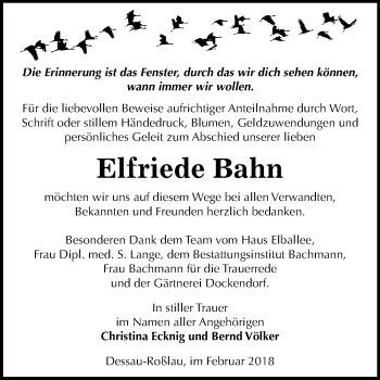 Traueranzeige von Elfriede Bahn von Mitteldeutsche Zeitung Dessau-Roßlau