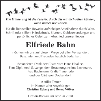 Traueranzeige von Elfriede Bahn von WVG - Wochenspiegel Dessau / Köthen