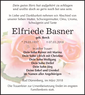 Traueranzeige von Elfriede Basner von WVG - Wochenspiegel Merseburg