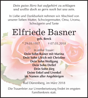 Traueranzeige von Elfriede Basner von Mitteldeutsche Zeitung Merseburg/Querfurt