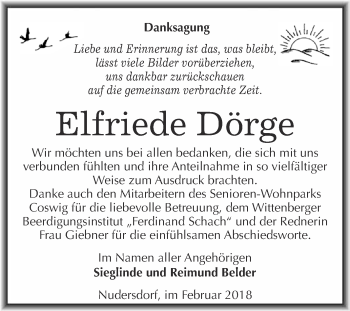 Traueranzeige von Elfriede Dörge von WVG - Wochenspiegel Wittenberg