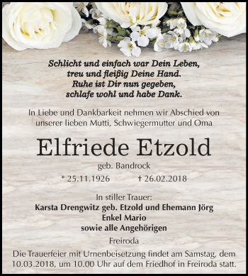 Traueranzeige von Elfriede Etzold von Mitteldeutsche Zeitung