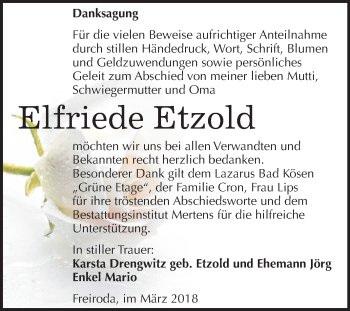Traueranzeige von Elfriede Etzold von Mitteldeutsche Zeitung