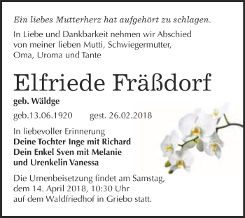 Traueranzeige von Elfriede Fräßdorf von Super Sonntag Wittenberg