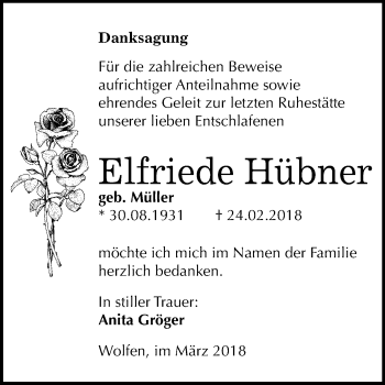 Traueranzeige von Elfriede Hübner von Mitteldeutsche Zeitung Bitterfeld