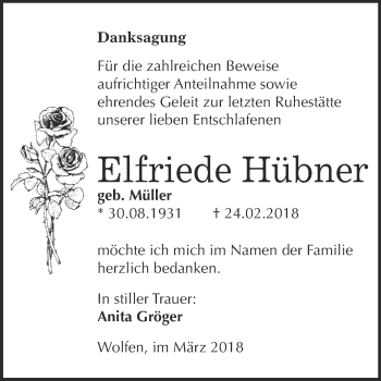 Traueranzeige von Elfriede Hübner von WVG - Wochenspiegel Bitterfeld