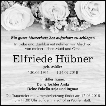 Traueranzeige von Elfriede Hübner von Mitteldeutsche Zeitung Bitterfeld