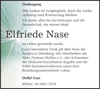 Traueranzeige von Elfriede Nase von WVG - Wochenspiegel Bitterfeld