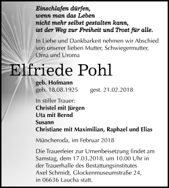 Traueranzeige von Elfriede Pohl von Mitteldeutsche Zeitung