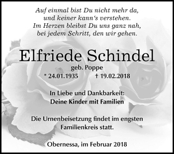 Traueranzeige von Elfriede Schindel von Mitteldeutsche Zeitung Weißenfels