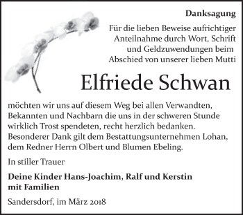 Traueranzeige von Elfriede Schwan von WVG - Wochenspiegel Bitterfeld