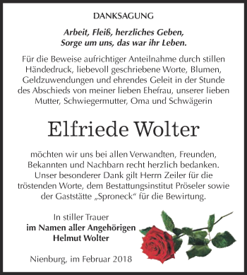 Traueranzeige von Elfriede Wolter von Super Sonntag Bernburg