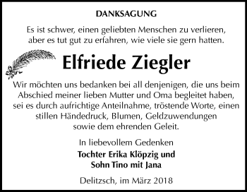 Traueranzeige von Elfriede Ziegler von Mitteldeutsche Zeitung Bitterfeld