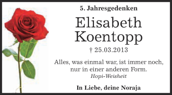 Traueranzeige von Elisabeth Koentopp von Super Sonntag Dessau / Köthen
