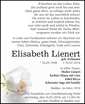 Traueranzeige von Elisabeth Lienert von Super Sonntag SGH Mansf. Land