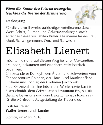 Traueranzeige von Elisabeth Lienert von Wochenspiegel Mansfelder Land