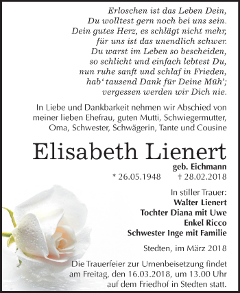 Traueranzeige von Elisabeth Lienert von Mitteldeutsche Zeitung