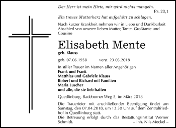 Traueranzeige von Elisabeth Mente von Mitteldeutsche Zeitung