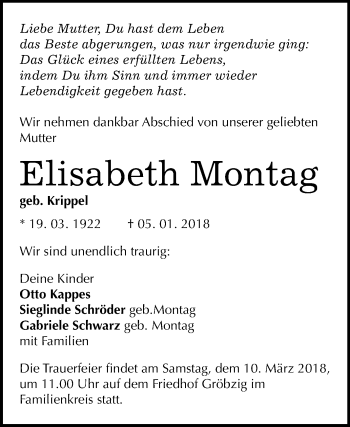 Traueranzeige von Elisabeth Montag von Mitteldeutsche Zeitung