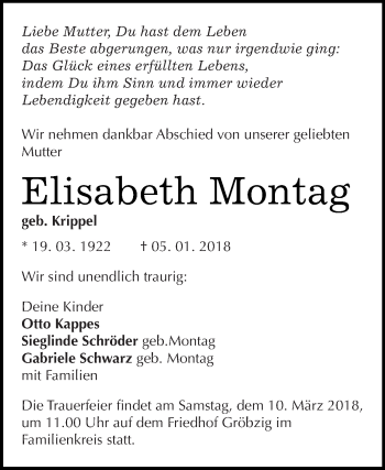 Traueranzeige von Elisabeth Montag von WVG - Wochenspiegel Dessau / Köthen