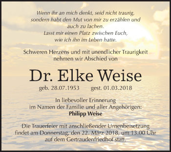 Traueranzeige von Elke Weise von Mitteldeutsche Zeitung Halle/Saalkreis