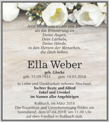 Traueranzeige von Ella Weber von WVG - Wochenspiegel Merseburg