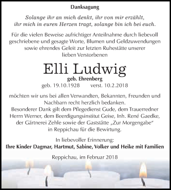 Traueranzeige von Elli Ludwig von WVG - Wochenspiegel Dessau / Köthen
