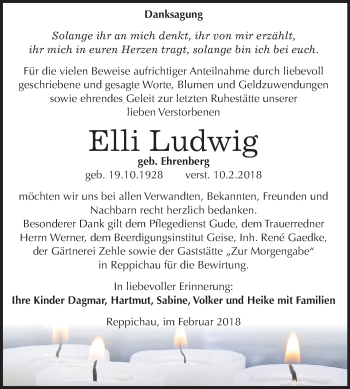 Traueranzeige von Elli Ludwig von Mitteldeutsche Zeitung Köthen