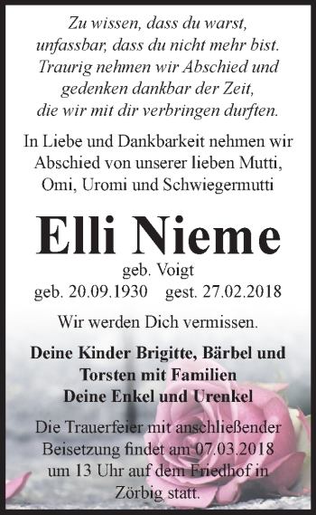 Traueranzeige von Elli Nieme von Mitteldeutsche Zeitung Bitterfeld