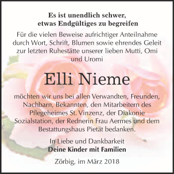 Traueranzeige von Elli Nieme von WVG - Wochenspiegel Bitterfeld