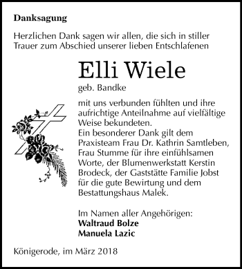 Traueranzeige von Elli Wiele von WVG - Wochenspiegel Quedlinburg