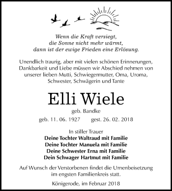 Traueranzeige von Elli Wiele von Mitteldeutsche Zeitung Quedlinburg