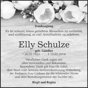 Traueranzeige von Elly Schulze von WVG - Wochenspiegel Wittenberg