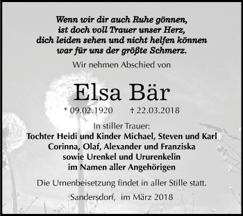 Traueranzeige von Elsa Bär von Mitteldeutsche Zeitung Bitterfeld
